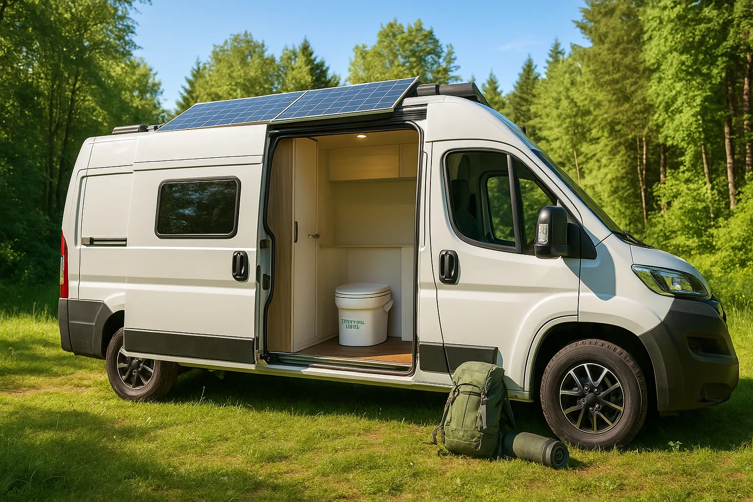 Composting Toiler for RV - White RV in the woods