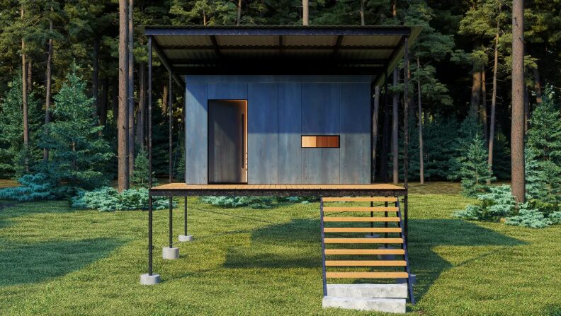 a small cabin in the middle of a forest