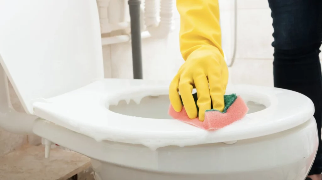 A person in yellow rubber gloves cleaning a toilet.