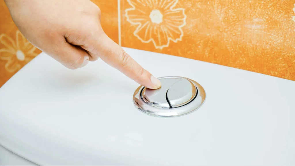 a person is touching a button on a toilet